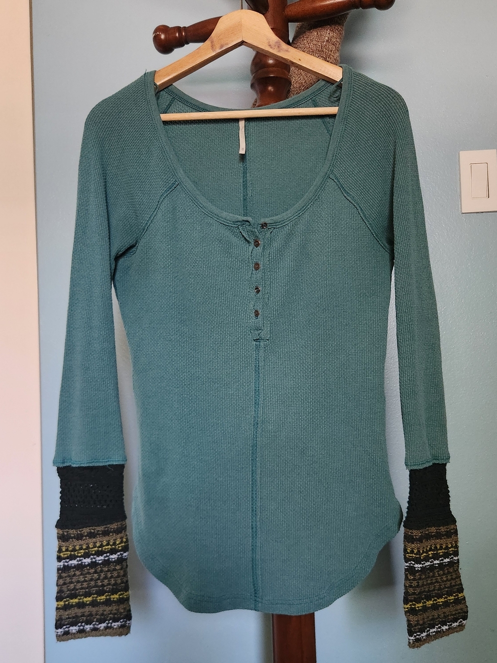 Free People Teal Waffle Knit Henley Long Sleeve Top with Knitted Cuffs